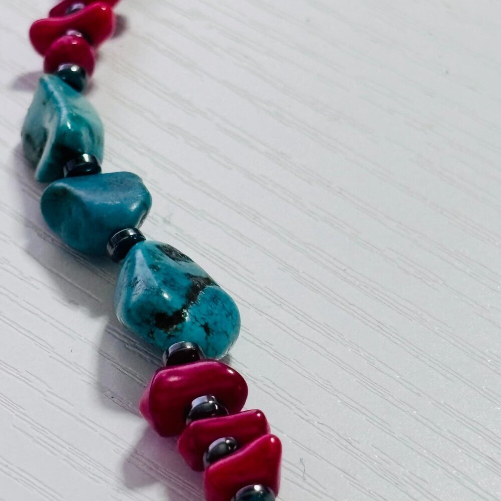 Turquoise Style & Coral Color Necklace 18” Chunky Southwestern Boho - Picture 3 of 11